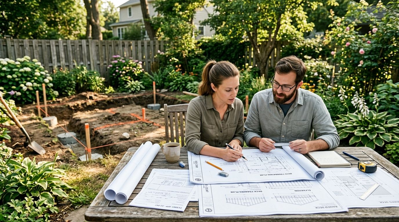 Et par gennemgår arkitekttegninger til en ny hævet terrasse udenfor i deres have mens de planlægger byggeriet.