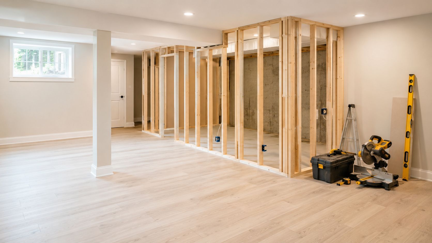 En delvist færdiggjort kælder under renovering med synligt træskelet, værktøj og nyt lyst trægulv lagt i rummet.