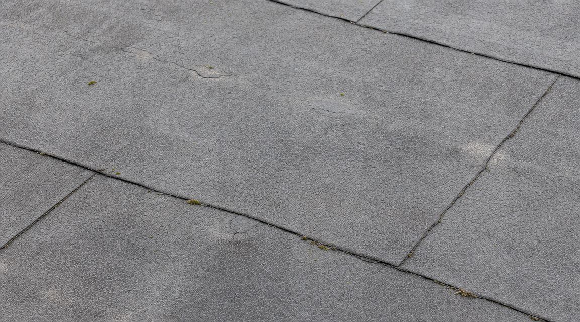Nærbillede af et slidt tag med tagpap, der viser tydelige tegn på revner og ældning over tid.