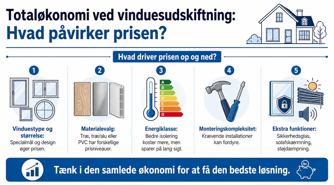 En infografik der viser fem faktorer der påvirker prisen ved udskiftning af vinduer i en bolig.