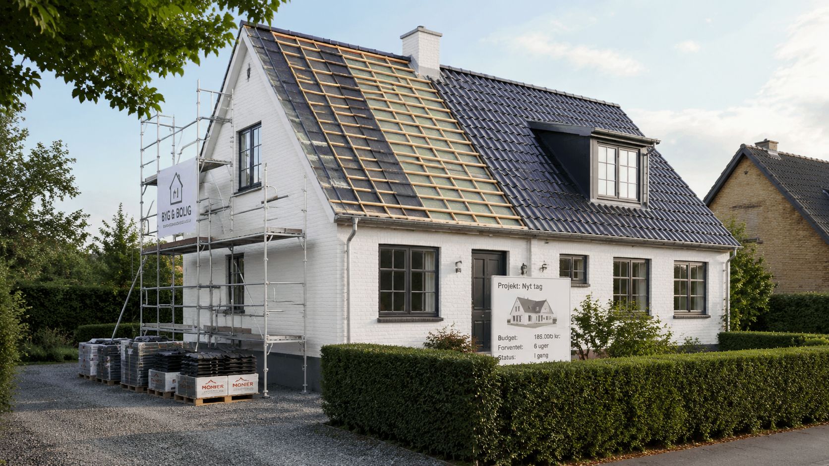 Et hvidt hus under tagrenovering med stillads, nye tagsten og et skilt der beskriver byggeprojektet.