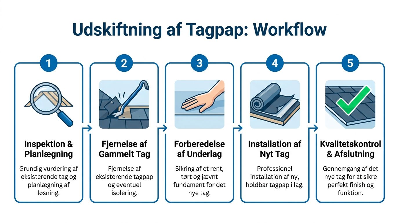 En infografik der viser de fem trin i processen for udskiftning af tagpap på en bygning.