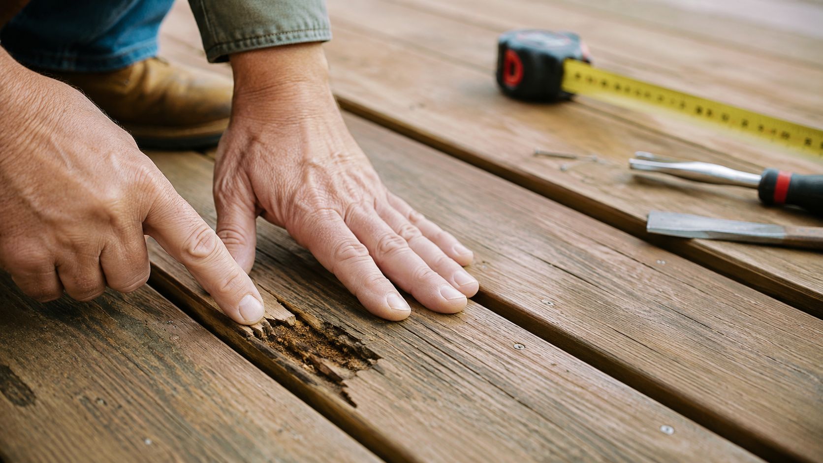 En mand undersøger råddent træ på en terrasse, mens han forbereder sig til reparation og renovering af træværk.