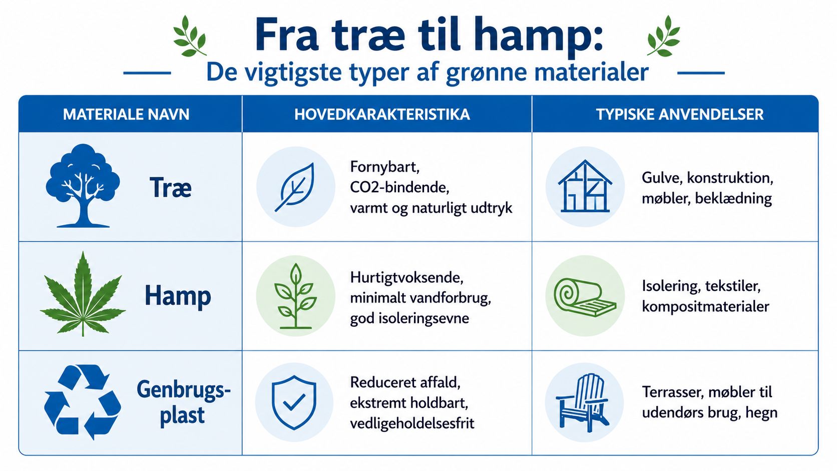 En infografik der viser fordele og anvendelsesmuligheder for bæredygtige materialer som træ, hamp og genbrugsplast.