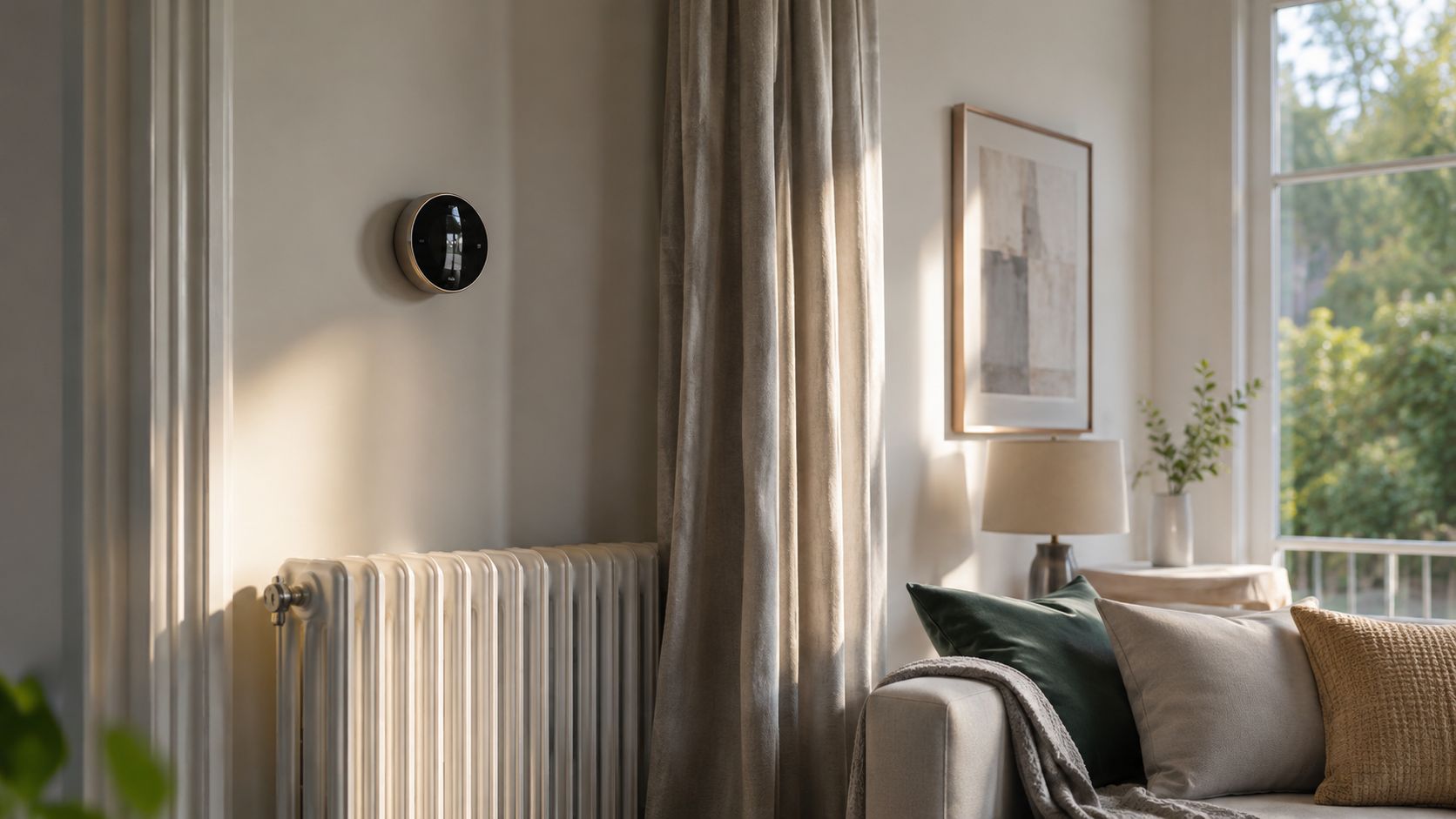 En rund termostat til gulvvarme monteret på en væg ved siden af en radiator og gardiner.
