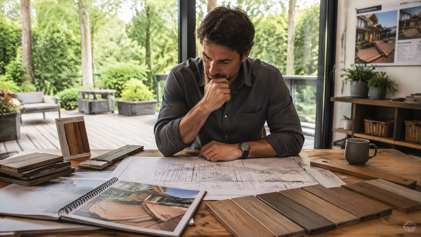 Arkitekt sidder ved et træbord og planlægger en ny træterrasse med tegninger og træprøver foran sig.