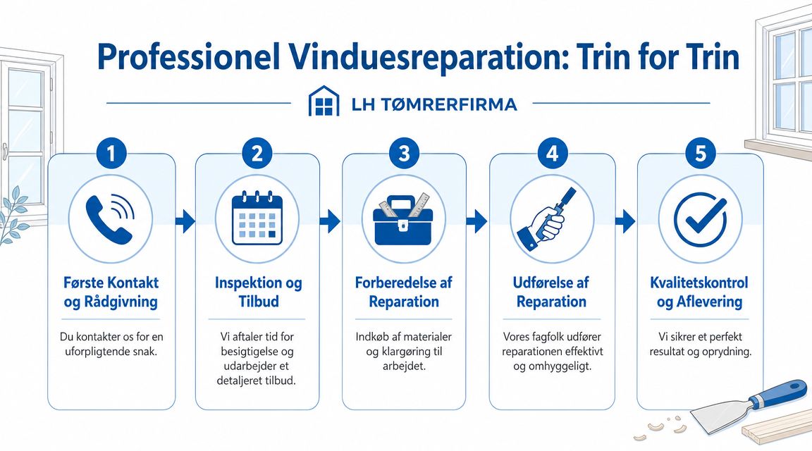 Infografik der viser de fem trin i professionel reparation af vinduer udført af LH Tømrerfirma.