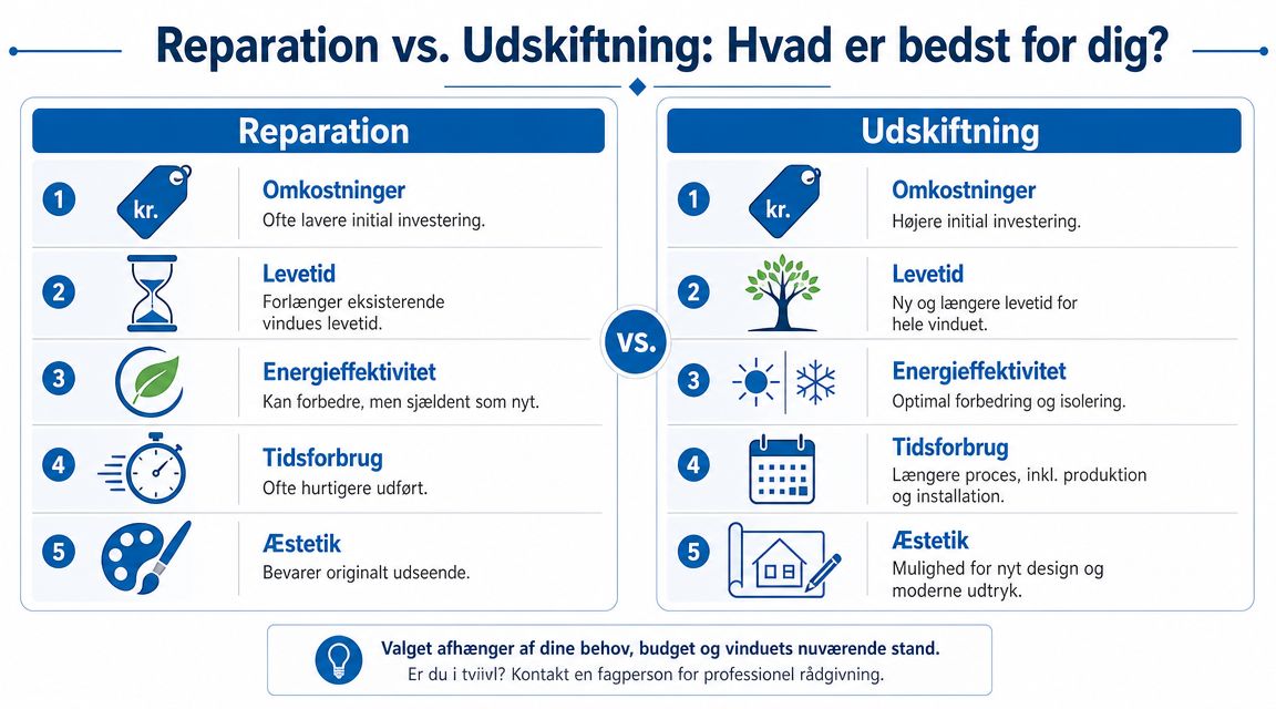 Sammenligning mellem reparation og udskiftning af vinduer med fordele og ulemper for hver løsning.