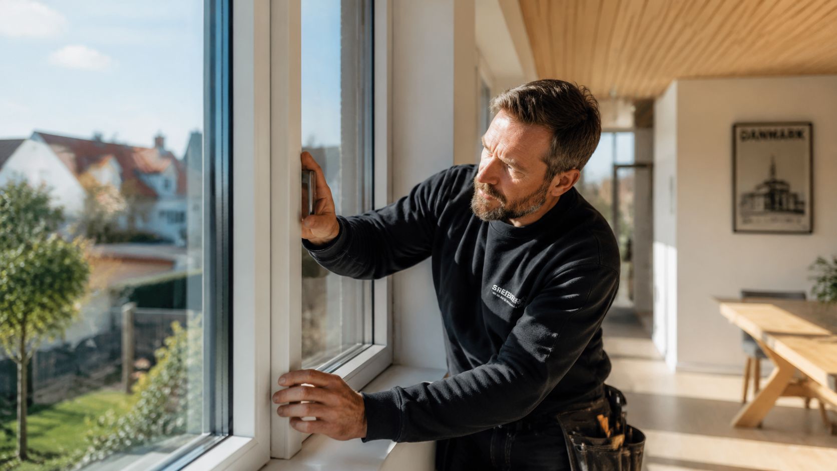 En professionel håndværker er i gang med at inspicere rammen på et nyt vindue i en stue.