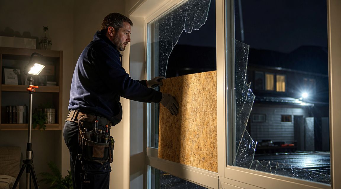 En håndværker monterer en træplade over en knust rude i et hus om aftenen.