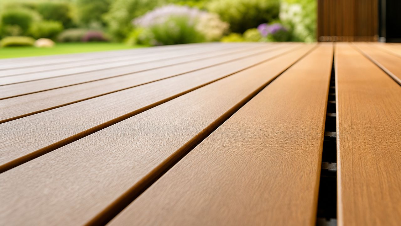 Nærbillede af en moderne træterrasse lavet af kompositmateriale med tydelige linjer og fokus på materialets tekstur.