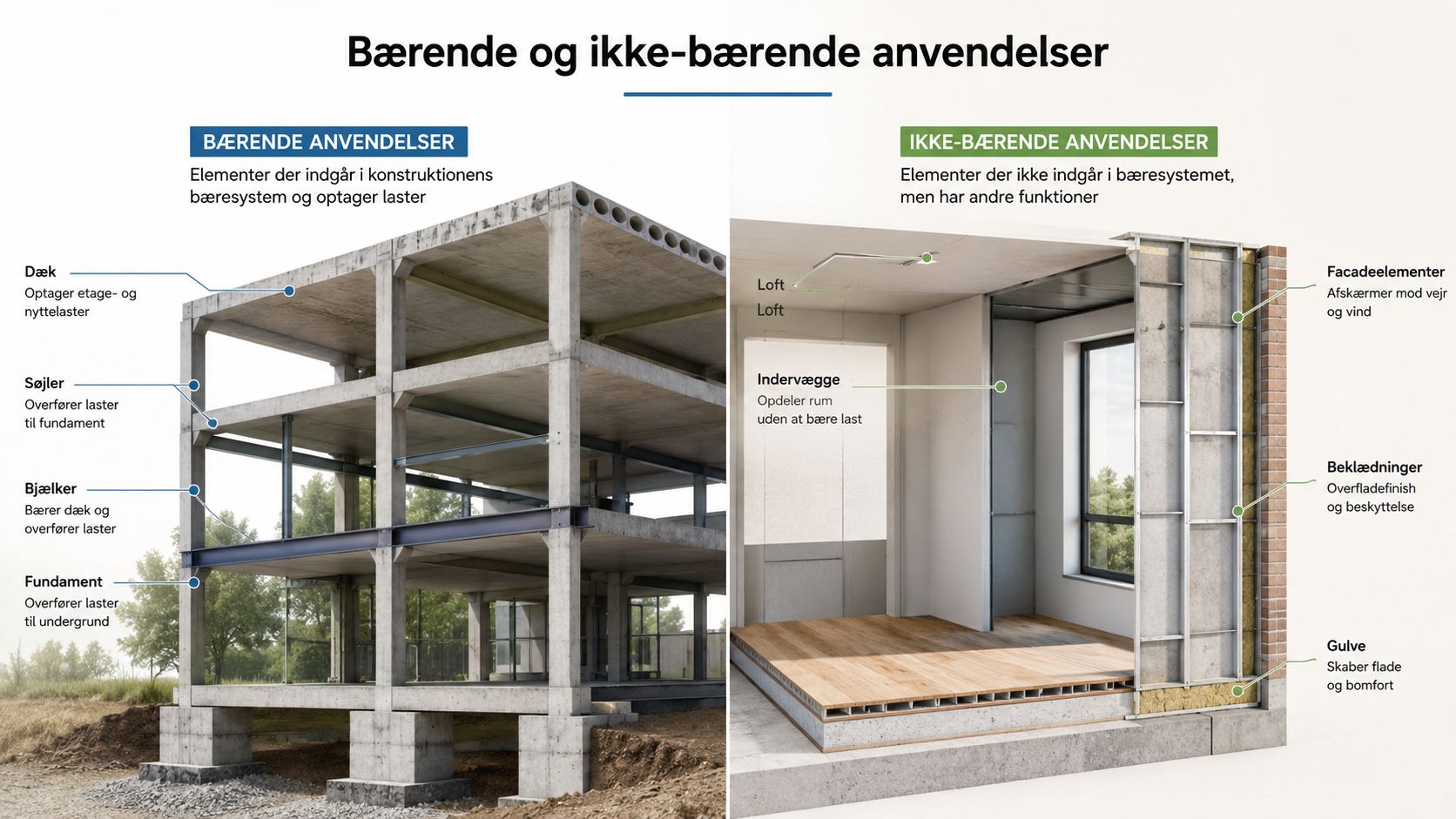 Illustration der viser forskellen på bærende og ikke-bærende bygningselementer i en konstruktion med beton- og stålrammer.