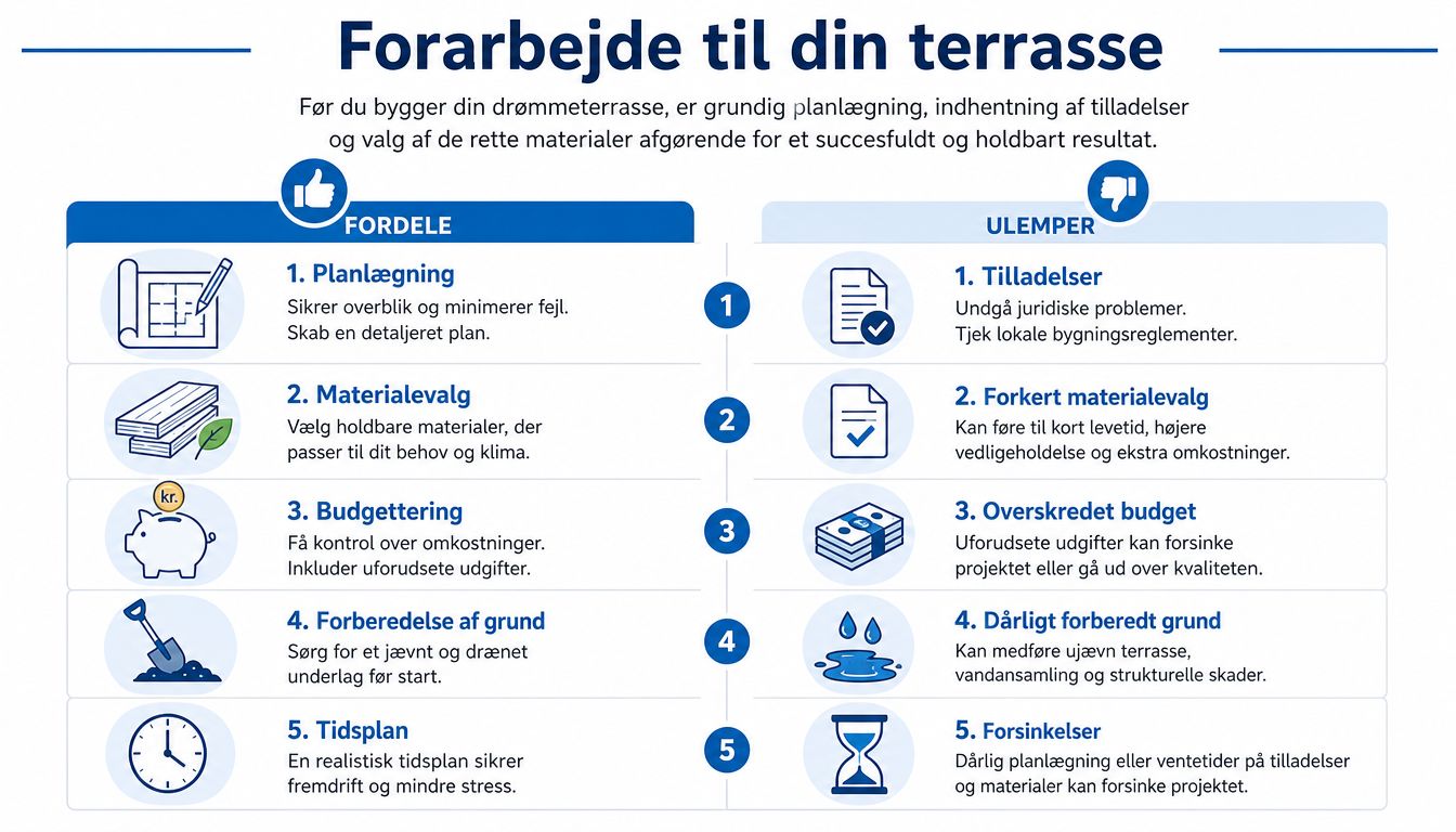 En oversigt over fordele og ulemper ved planlægning af terrassebyggeri, inklusive materialevalg, budgettering og forberedelse af grunden.