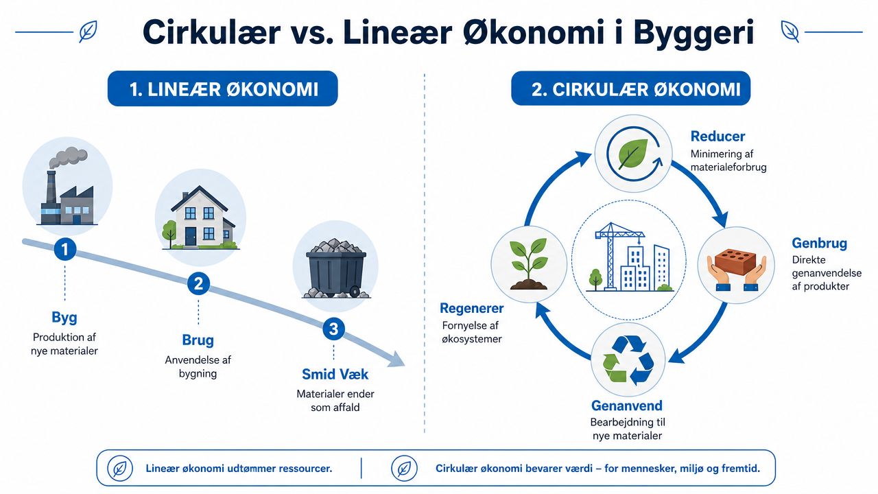 En infografik der sammenligner lineær økonomi med cirkulær økonomi inden for byggebranchen i Danmark.