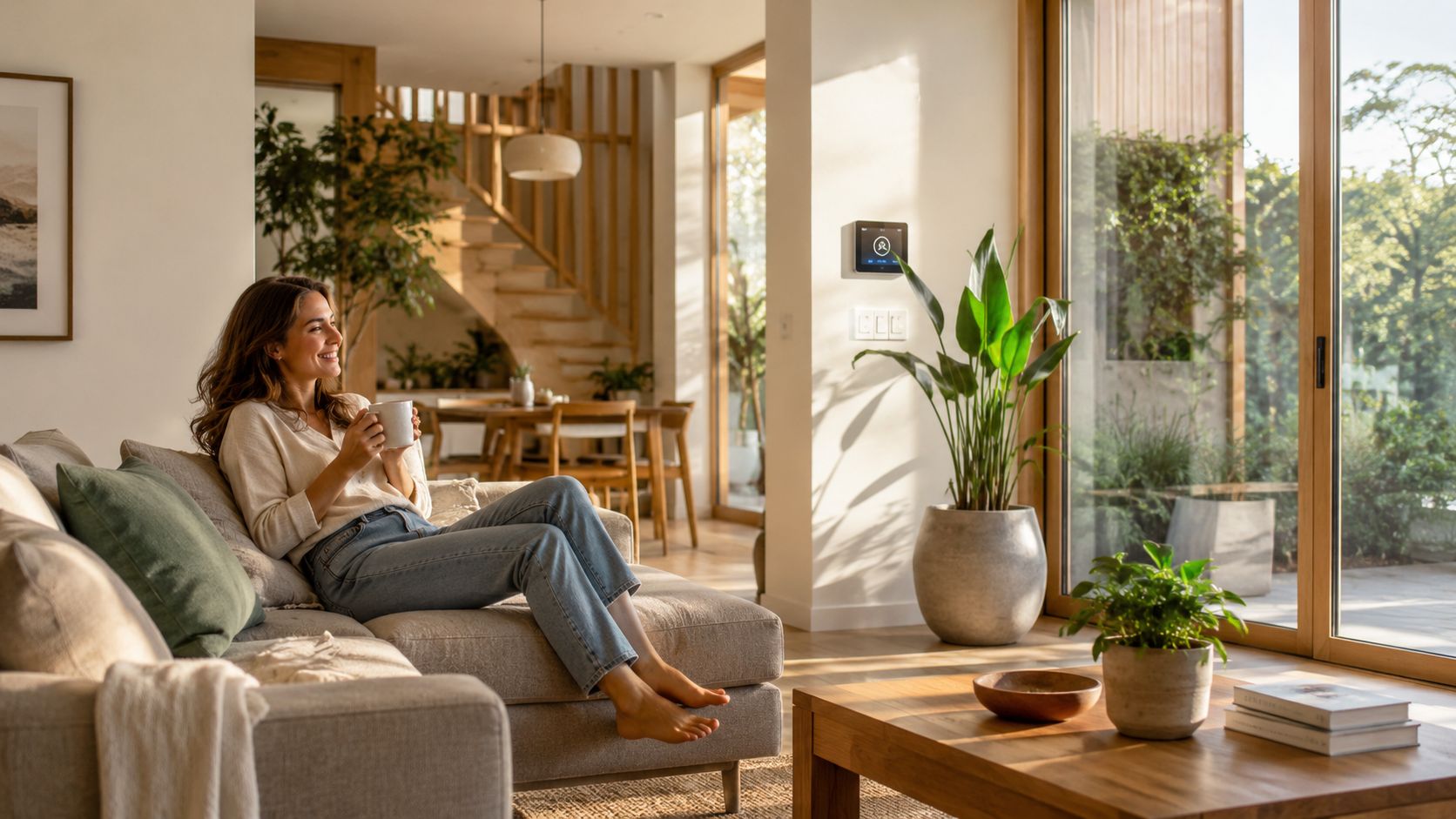 En kvinde slapper af med en kop kaffe i en moderne, bæredygtig og lysfyldt stue med naturlige materialer.