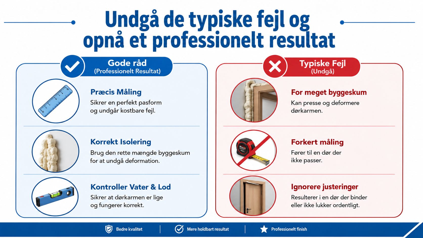 En infografik der viser gode råd og typiske fejl ved montering af en ny dør i hjemmet.