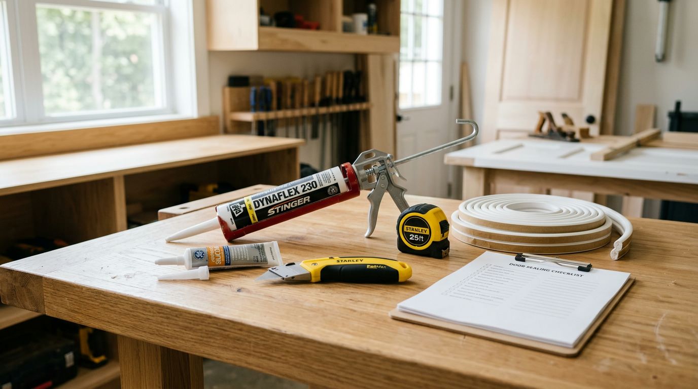 Værktøj og materialer til tætning af dør placeret på et træbord i et værksted med tjekliste.