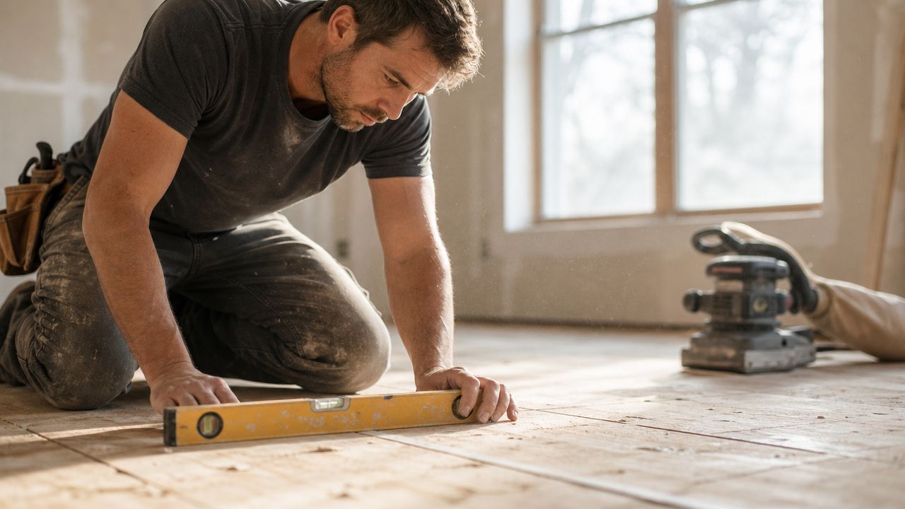 Håndværker måler niveauet på et nyt trægulv med et vaterpas under en renovering af et hus.