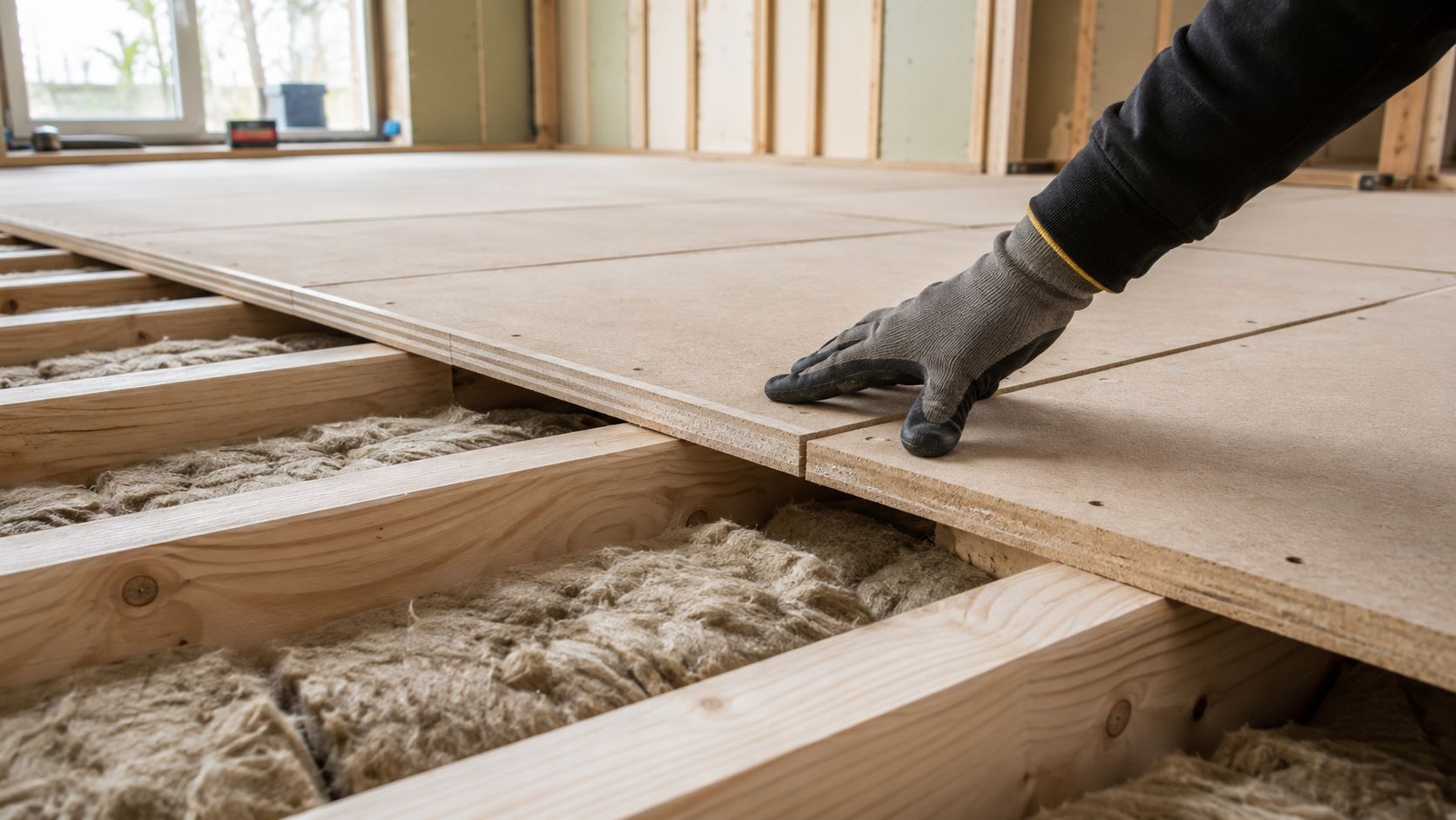 En hånd i arbejdshandske lægger træplader på et gulv med synlige strøer og isoleringsmateriale i et hus.
