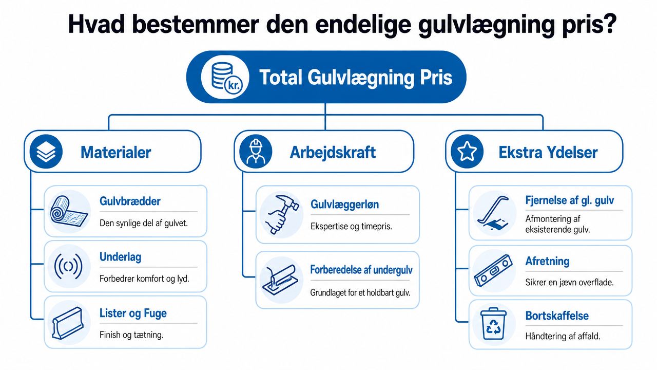 En infografik der viser faktorer som påvirker prisen på gulvlægning, herunder materialer, arbejdskraft og ekstra ydelser.