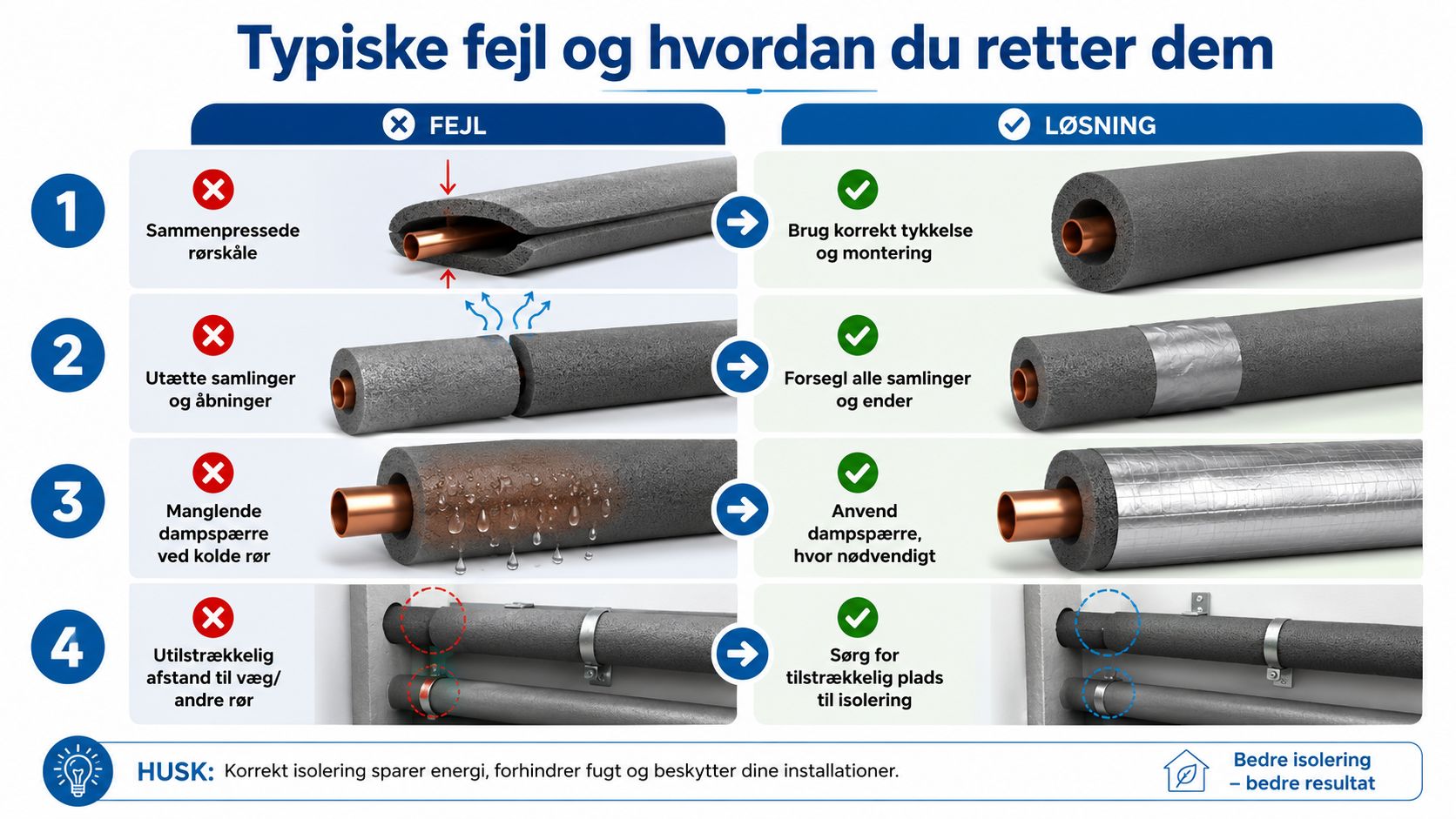 Illustration af fire typiske fejl ved isolering af rør og hvordan man retter dem korrekt.