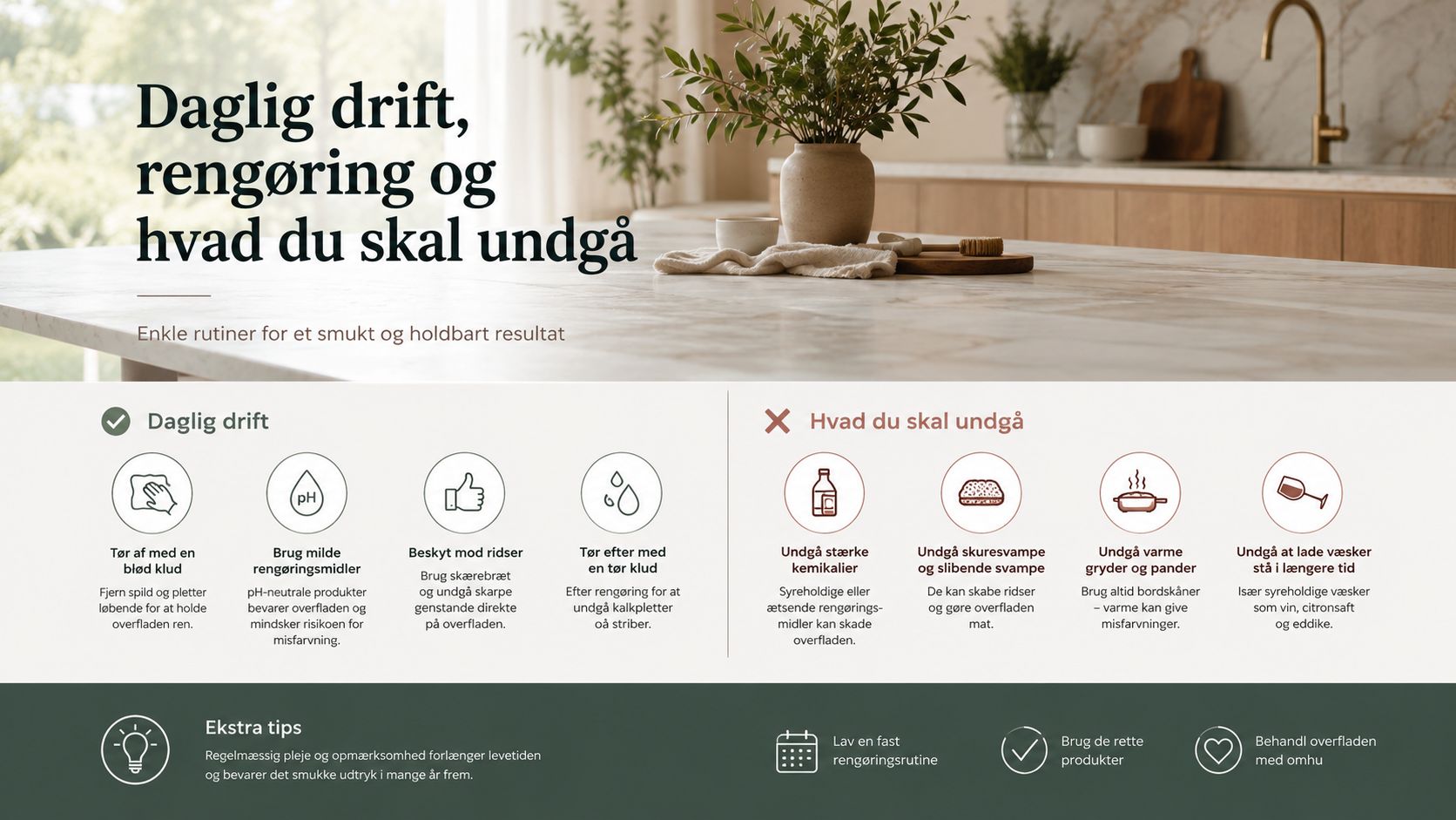 En guide til daglig drift og vedligeholdelse af køkkenbordplader med tips til rengøring og hvad man skal undgå.