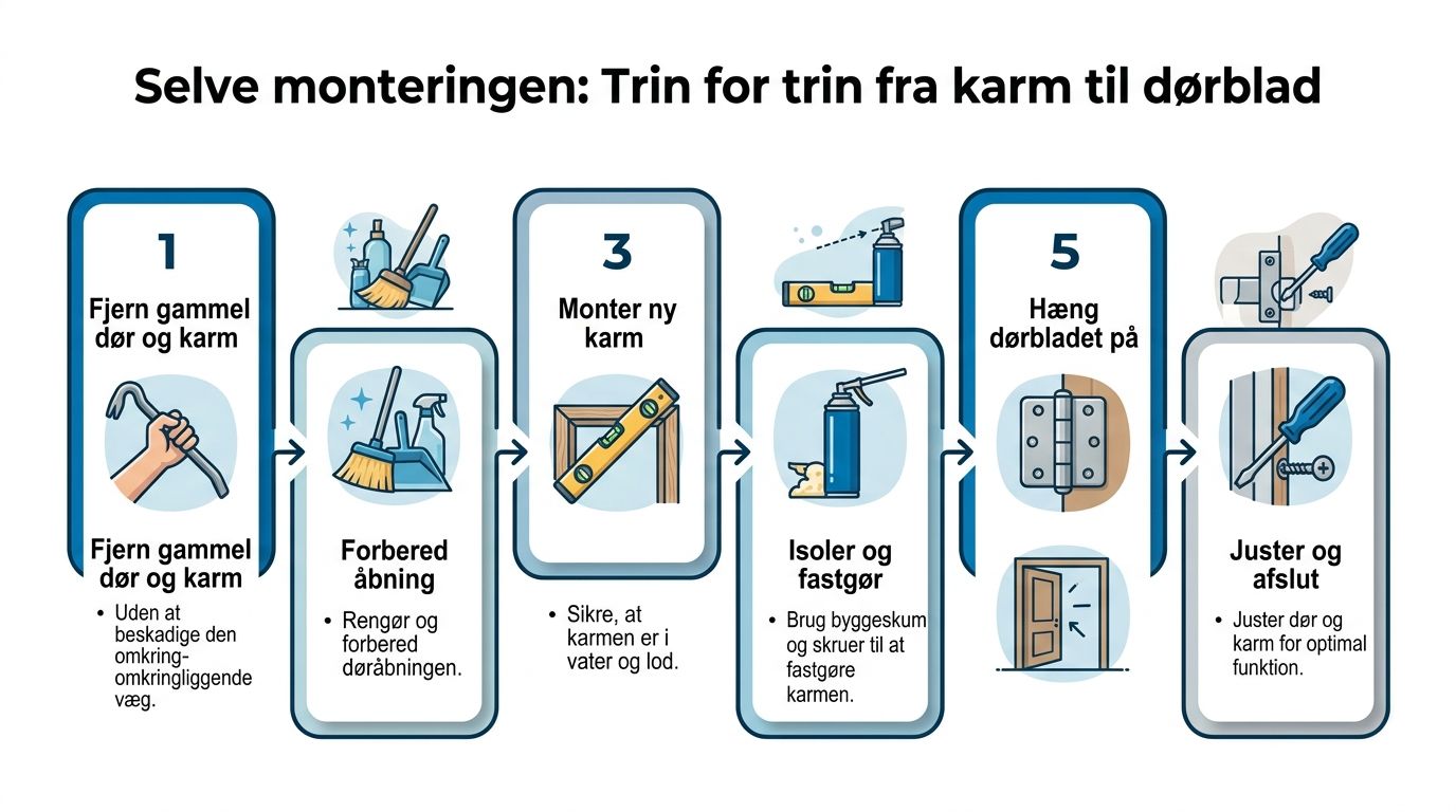 En trinvis vejledning til montering af en dør, der viser processen fra fjernelse af gammel karm til justering.