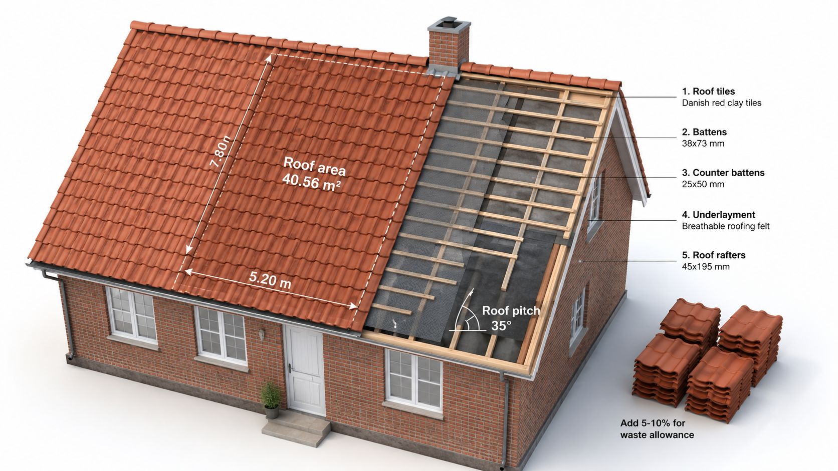 Illustration af et tag med angivelse af mål, taghældning og komponenter til beregning af nyt tag.