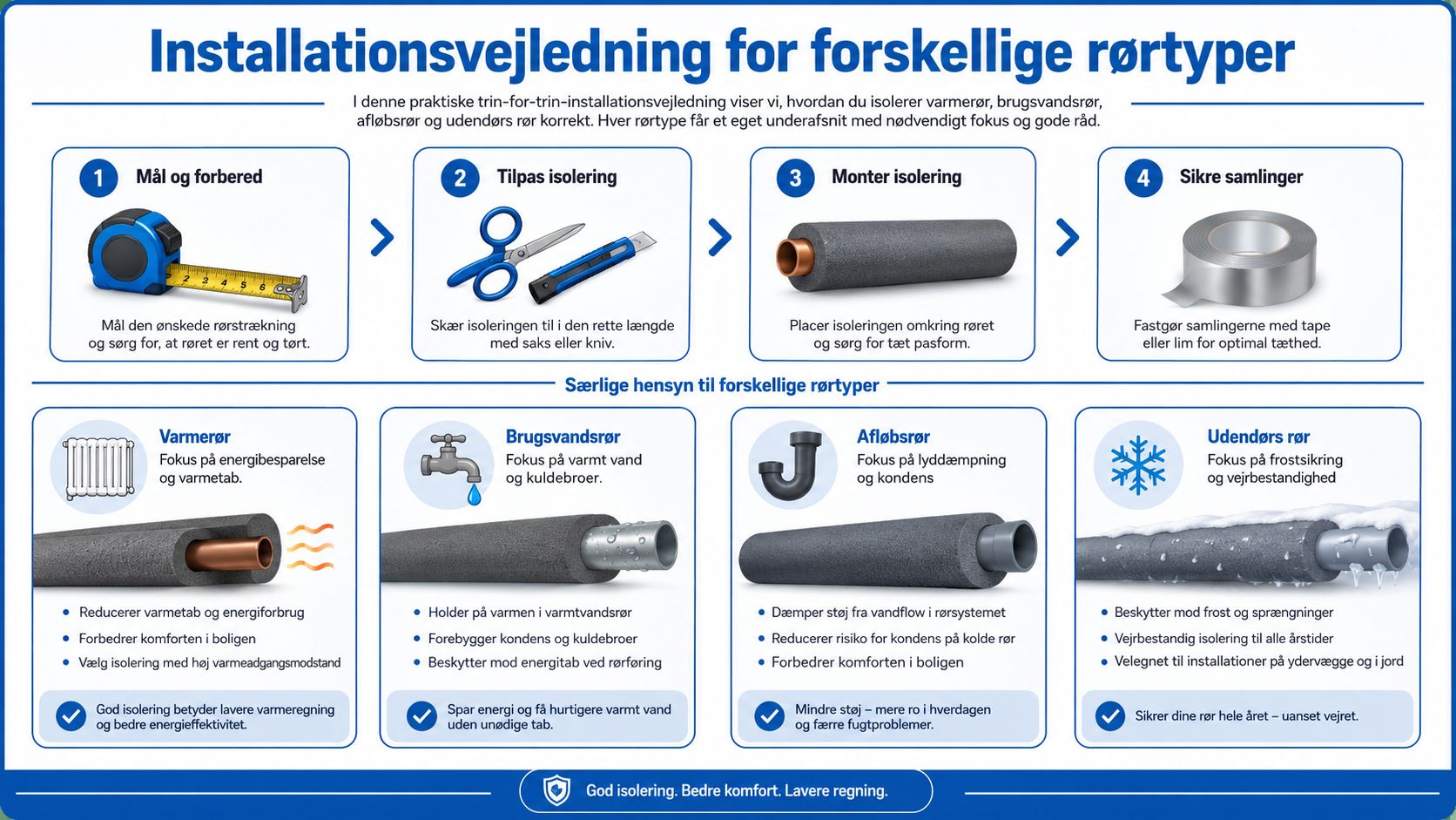 En infografik der viser trin-for-trin guide til korrekt isolering af varmerør, brugsvandsrør, afløbsrør og udendørs rør.