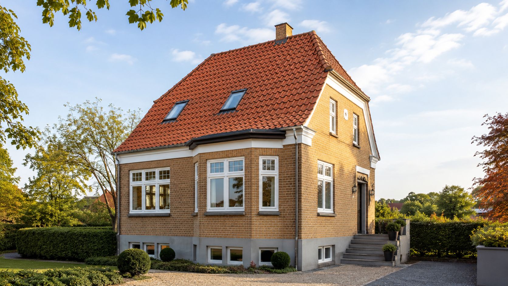 En smuk renoveret murermestervilla i gule mursten med rødt tegltag og en velholdt have i aftensol.