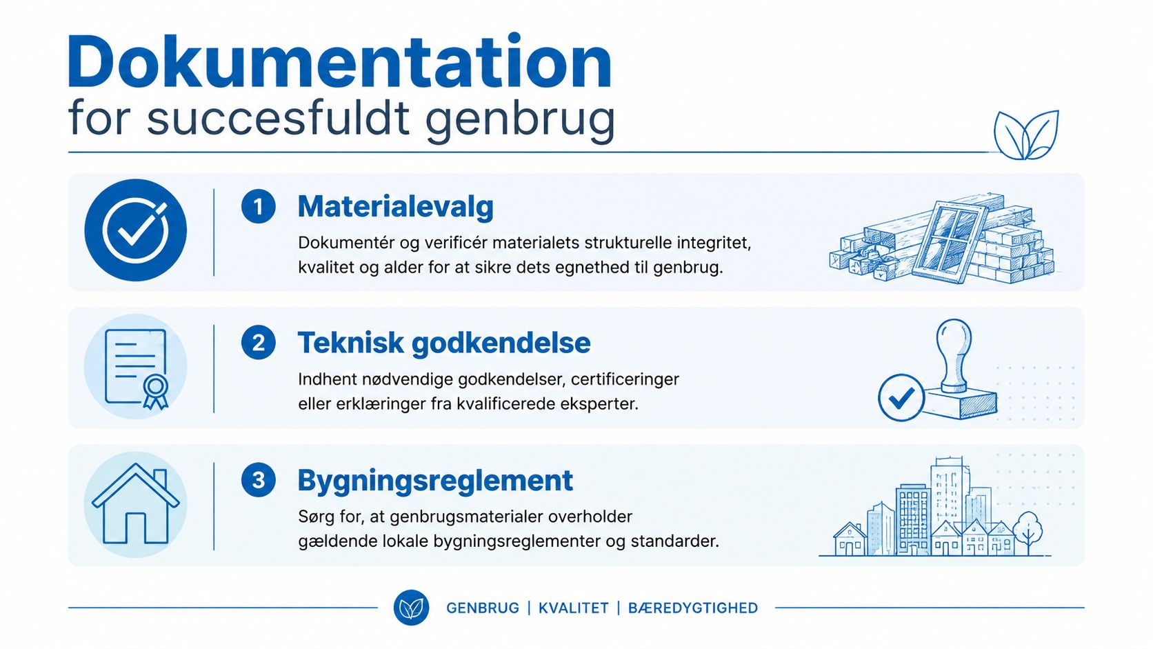 En infografik der viser tre vigtige trin til dokumentation ved succesfuldt genbrug af byggematerialer i byggeprojekter.