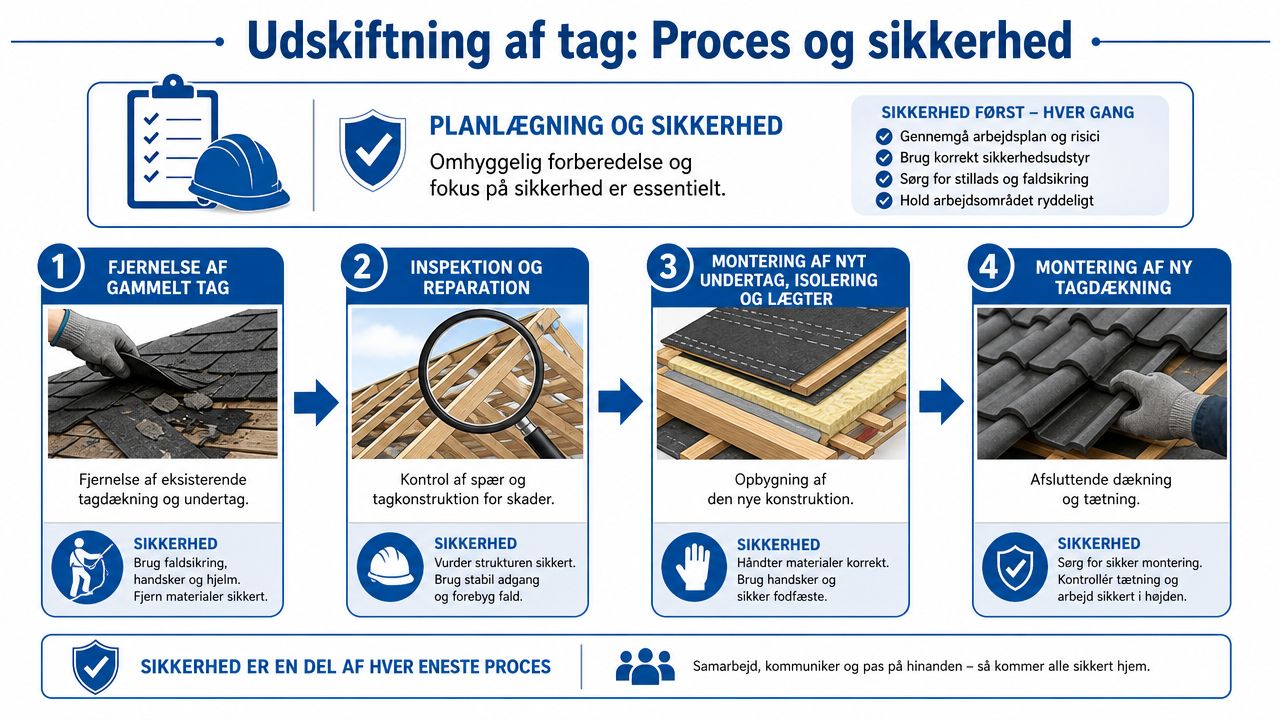 En infografik der viser de fire trin i en sikker proces for udskiftning af et tag.