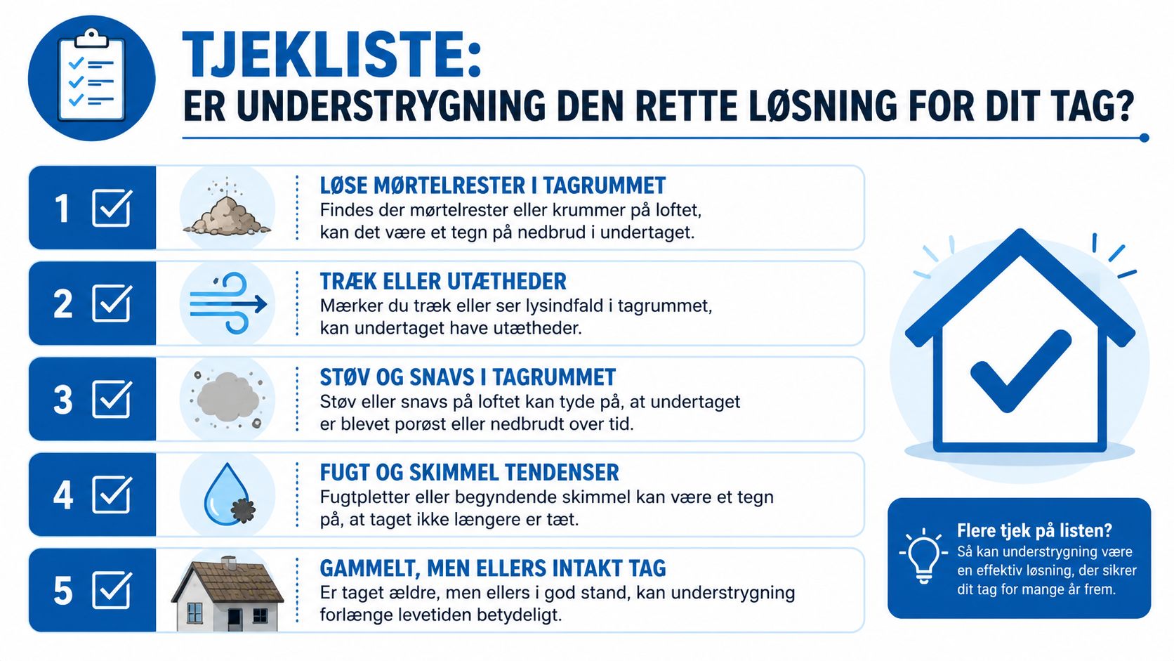 Tjekliste der guider husejere til at vurdere om understrygning af taget er den rette løsning.