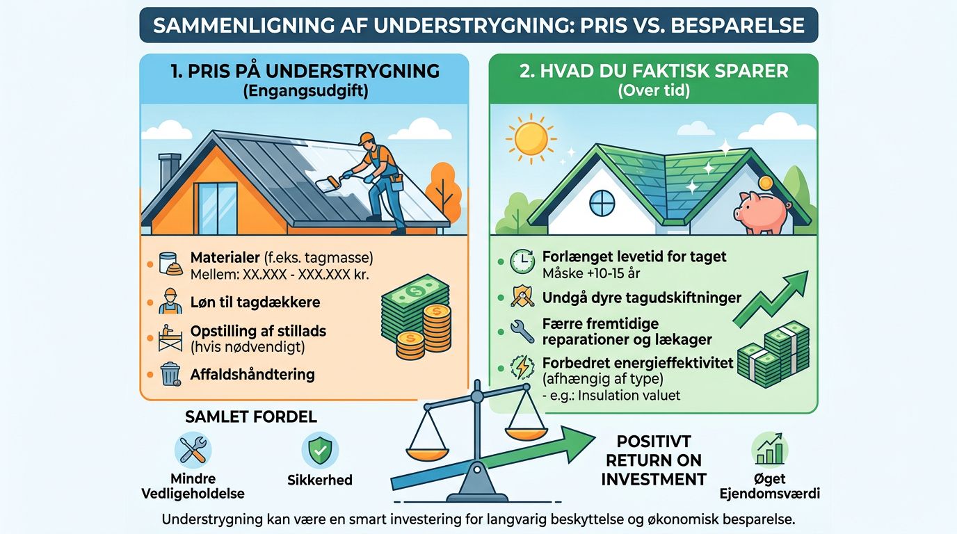 En grafisk oversigt der viser fordele og omkostninger ved understrygning af tag i en bolig.