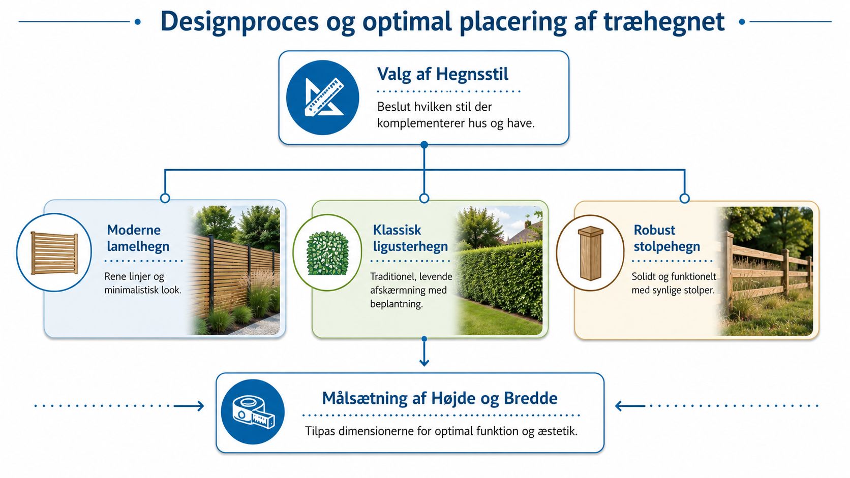 Grafisk oversigt over designprocessen og valgmuligheder for etablering af et flot træhegn i haven.