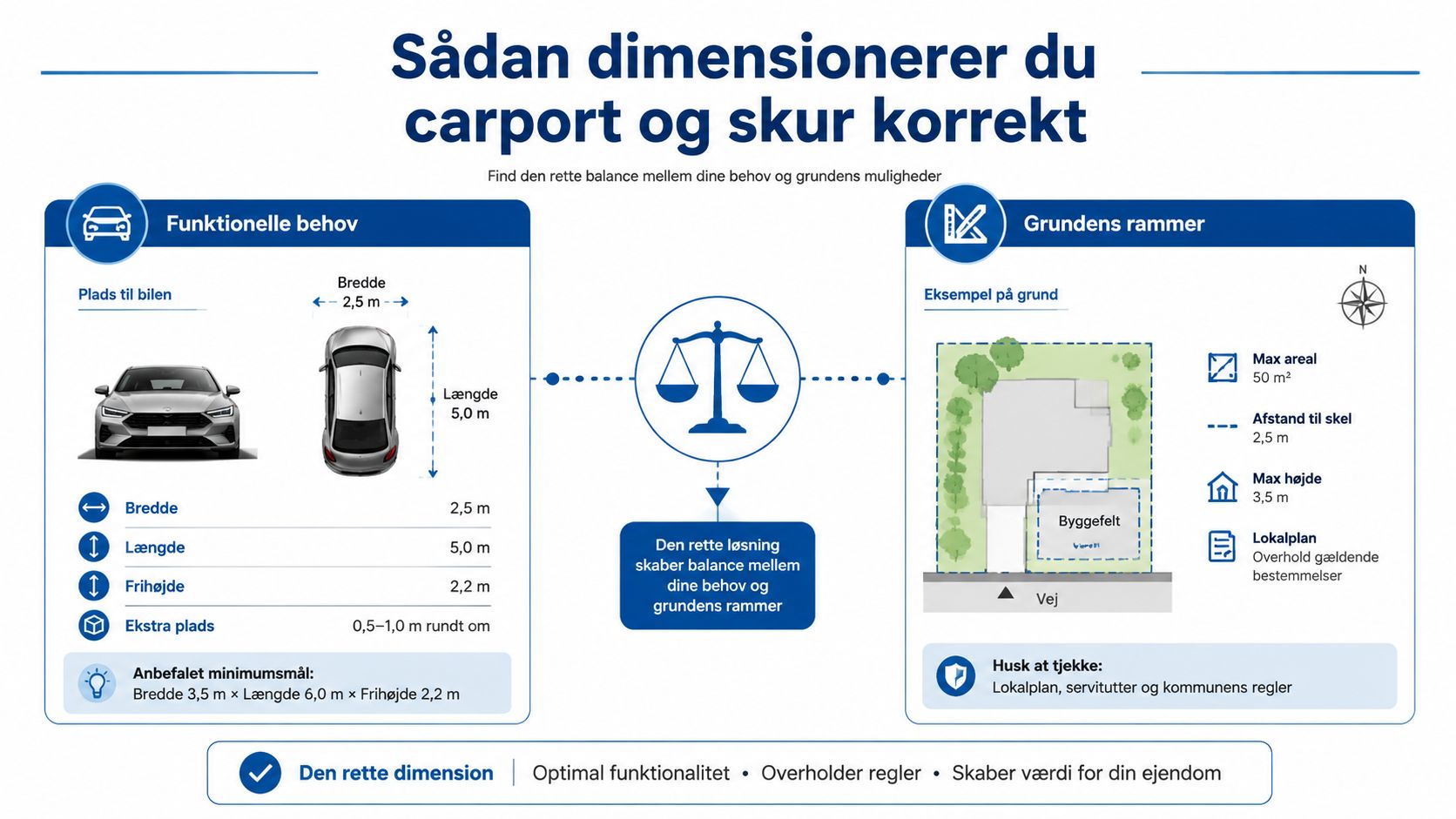 En infografik der viser hvordan man korrekt dimensionerer sin carport og skur ud fra behov og regler.