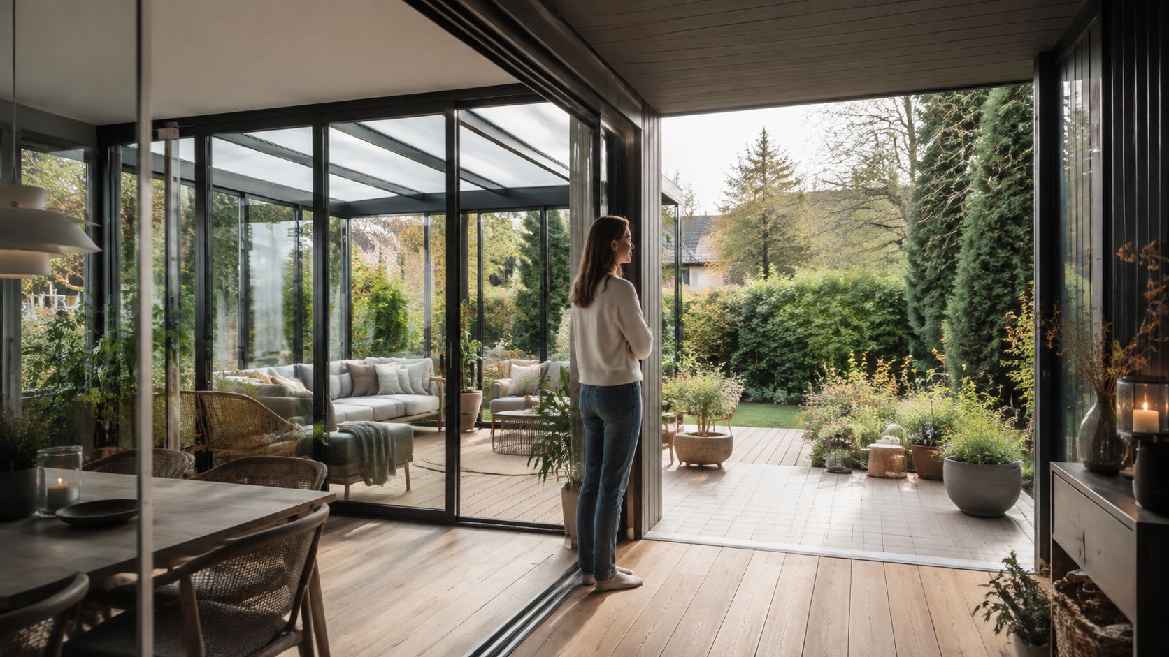 En kvinde står i en moderne stue og kigger ud på en smuk overdækket terrasse med glasvægge.