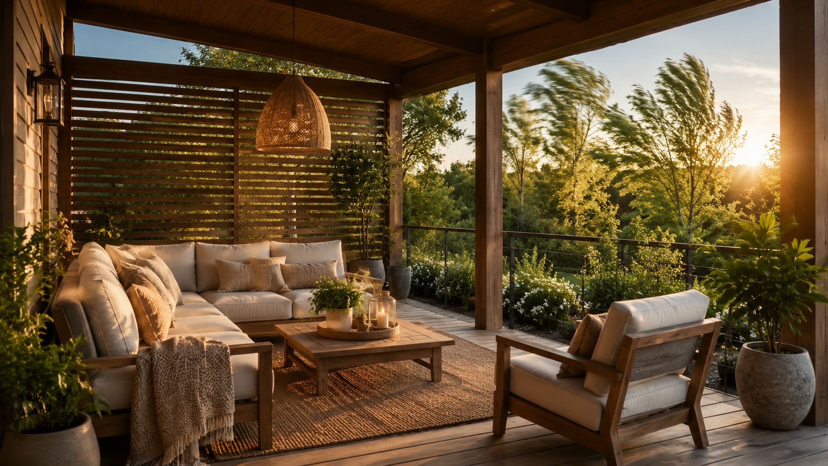 En hyggelig overdækket terrasse med komfortable havemøbler og en smuk udsigt over haven ved solnedgang.