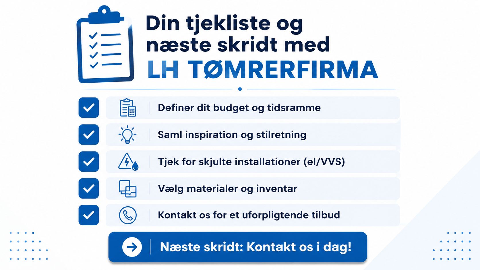 Tjekliste med fem trin fra LH Tømrerfirma til planlægning og udførelse af dit næste bygge- eller renoveringsprojekt.