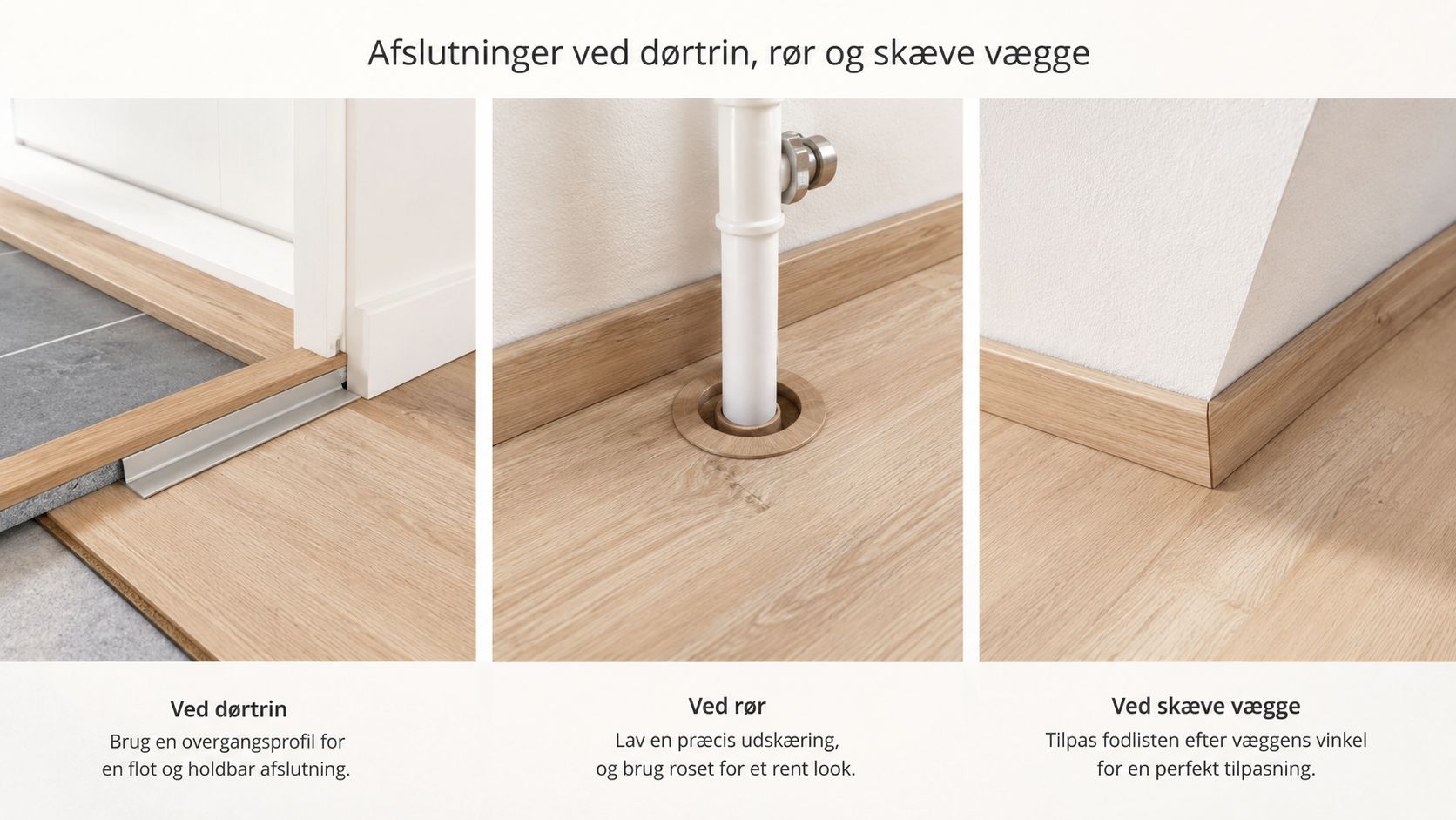 Eksempel på hvordan man laver pæne afslutninger ved dørtrin, rør og skæve vægge under gulvlægning.