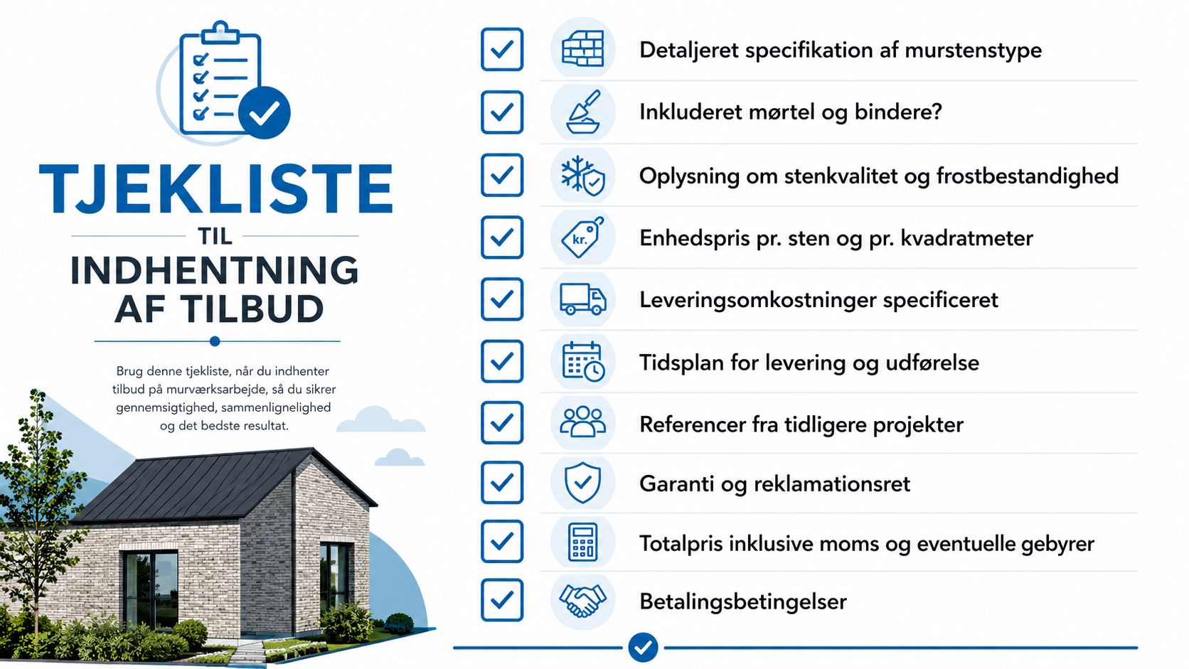 Tjekliste til indhentning af tilbud på murværksarbejde for at sikre gennemsigtighed og det bedste resultat.
