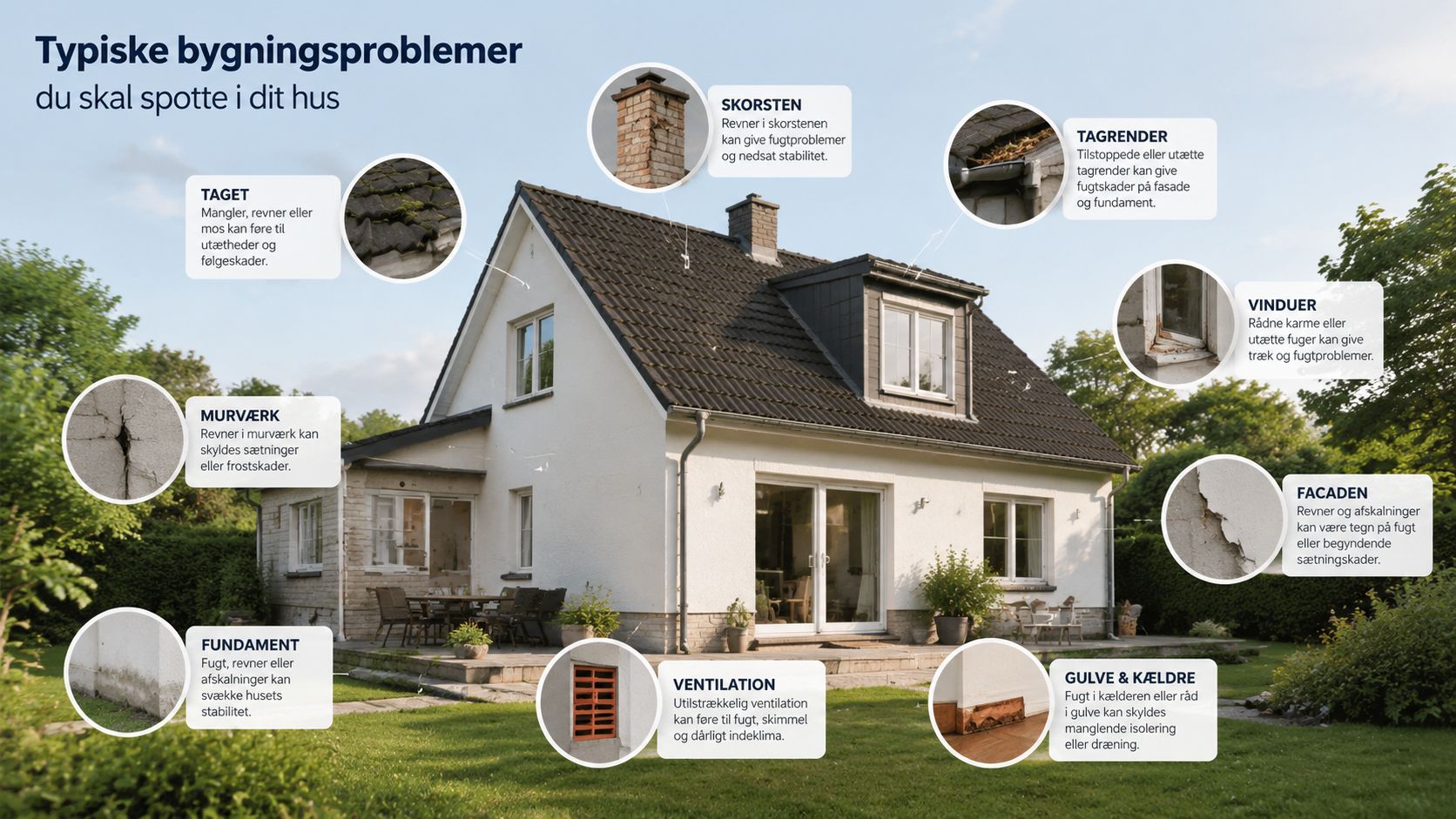 En infografik der viser typiske bygningsproblemer og skader, man skal holde øje med på sit hus.