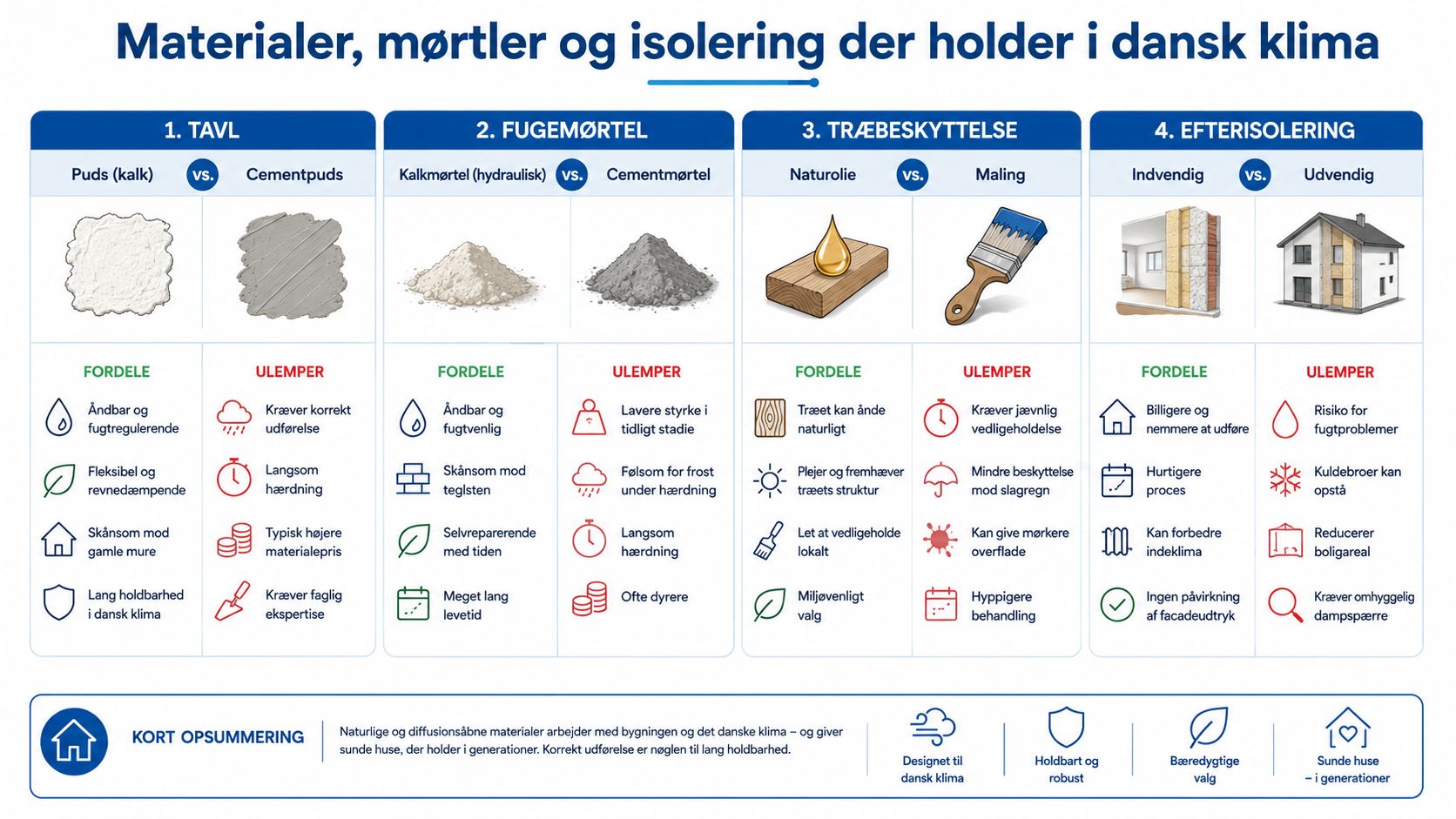 Infografik der sammenligner byggematerialer som puds, mørtel, træbeskyttelse og efterisolering til vedligeholdelse af danske huse.