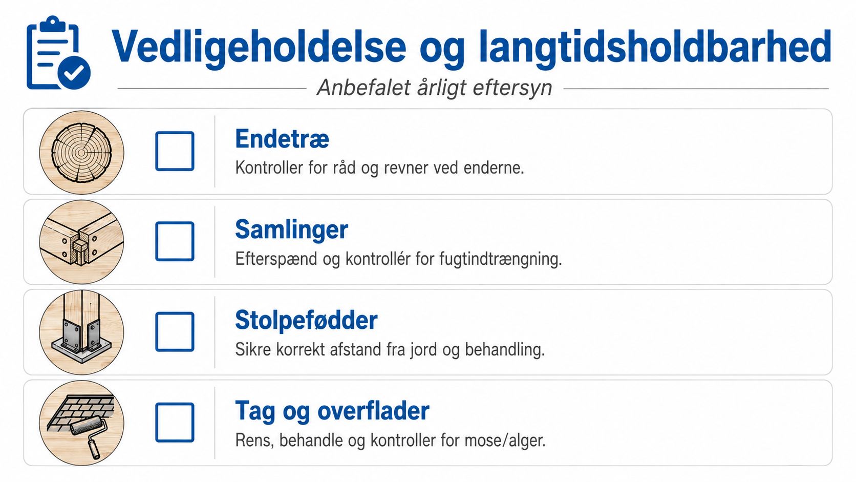 Tjekliste for årligt eftersyn og vedligeholdelse af din trækonstruktion for at sikre lang holdbarhed og kvalitet.