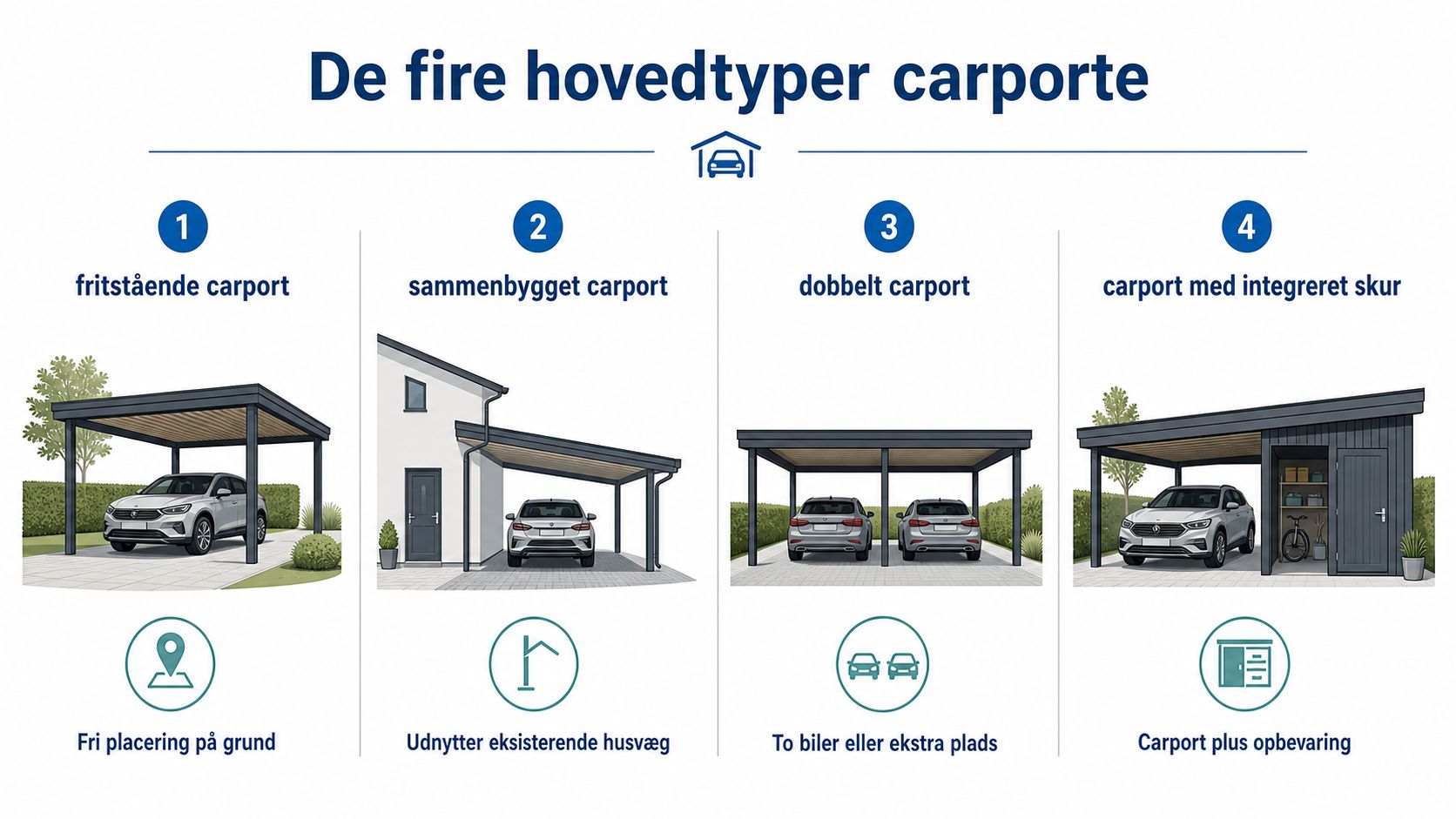 En infografik der viser de fire hovedtyper af carporte, inklusiv fritstående, sammenbyggede, dobbelte og carporte med skur.
