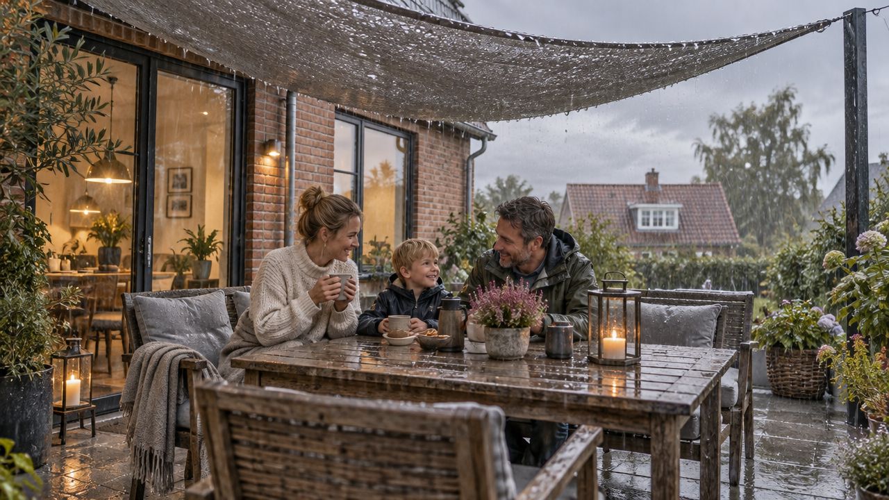 En familie sidder sammen ved et bord på en overdækket terrasse, mens det regner udenfor i haven.