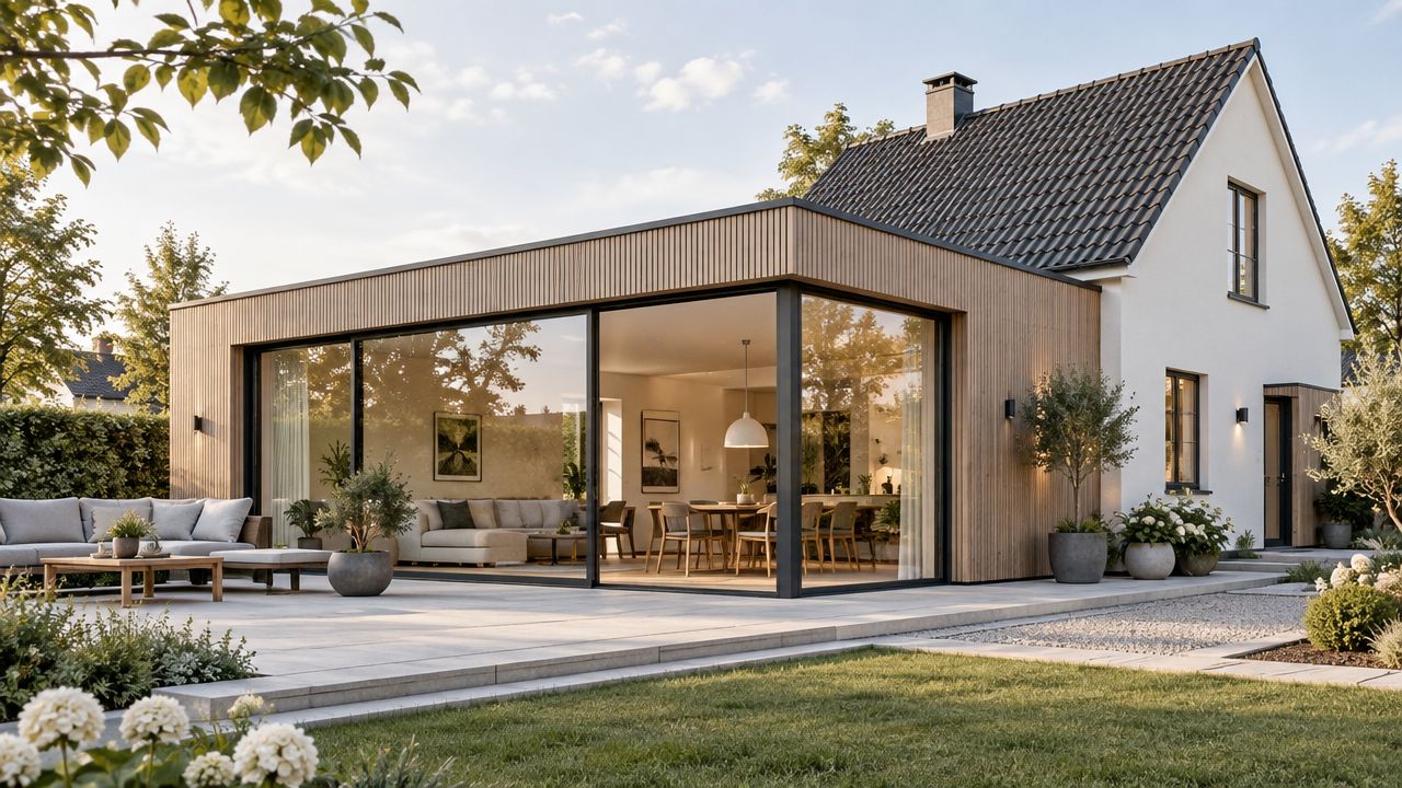 En moderne tilbygning med fladt tag og store glaspartier, der skaber en flot overgang mellem hus og terrasse.