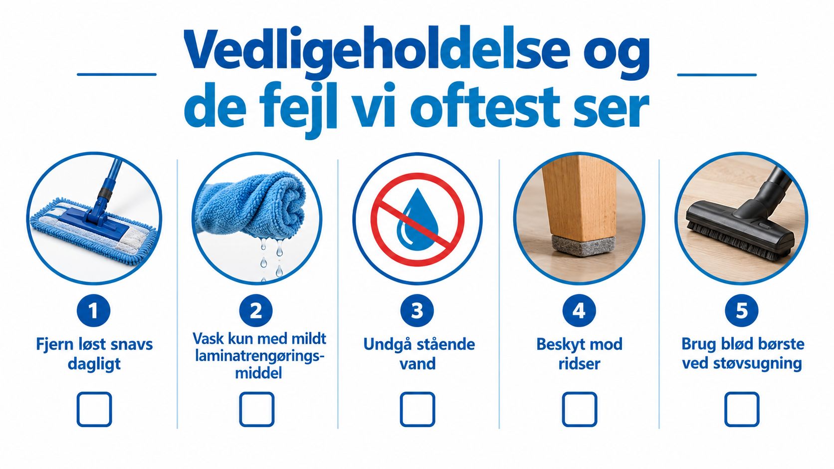 En infografik der viser fem vigtige råd til vedligeholdelse og pleje af laminatgulve for at undgå skader.