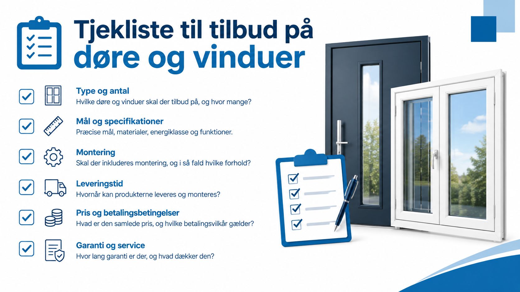 Tjekliste til tilbud på døre og vinduer, der viser vigtige punkter at overveje før dit køb.