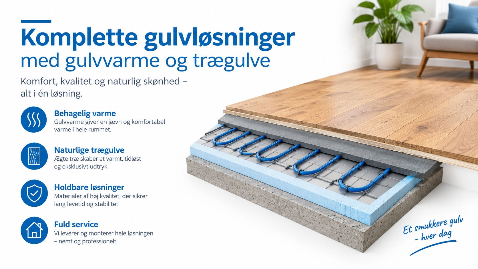 Tværsnit af en moderne gulvkonstruktion med integreret gulvvarme og et flot overfladelag af ægte trægulv.